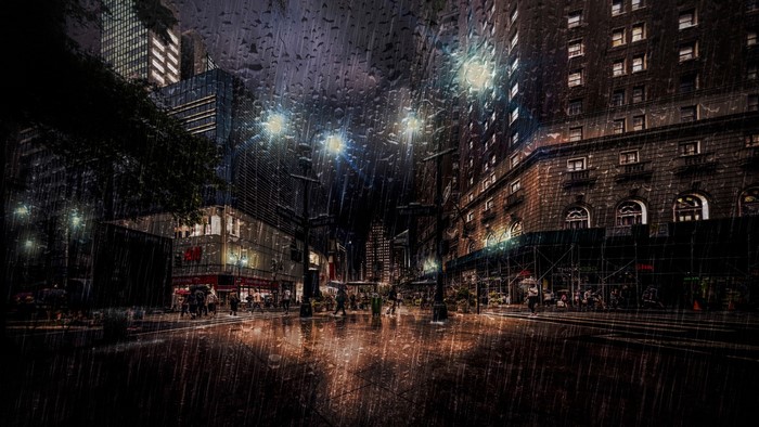 Rainy city street at night with reflections