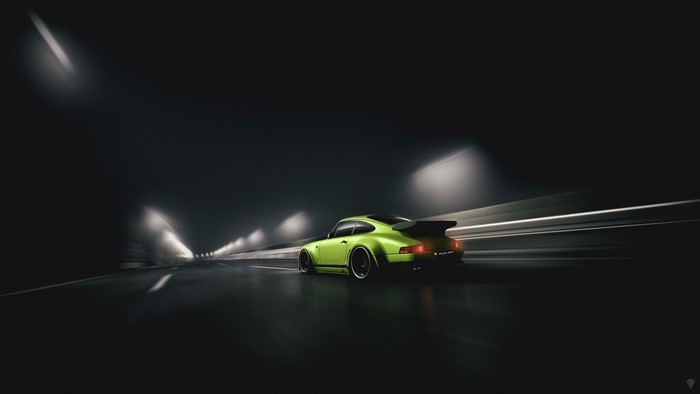 Green Porsche 911 driving in a tunnel