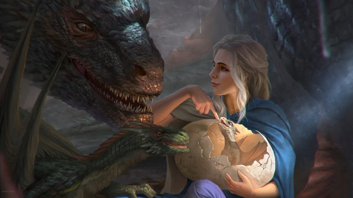 Daenerys Targaryen with Dragons and Hatchling
