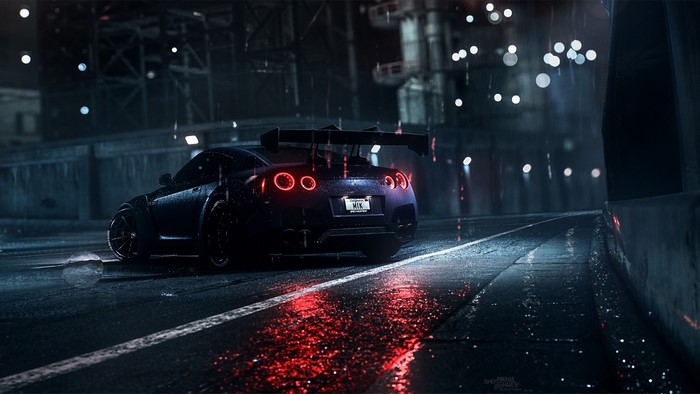 Nissan GT-R at night in the rain
