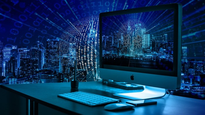 Computer monitor with digital city and binary code