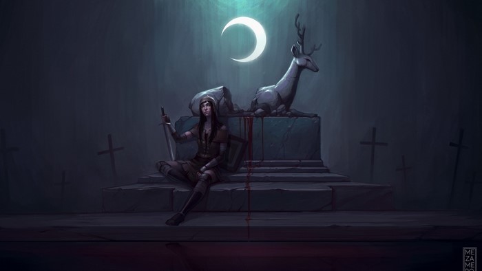 Girl with sword and shield in a graveyard