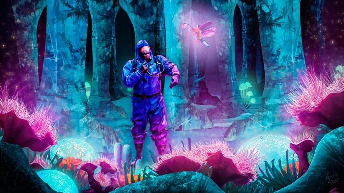 Person in Hazmat Suit in Bioluminescent Cave