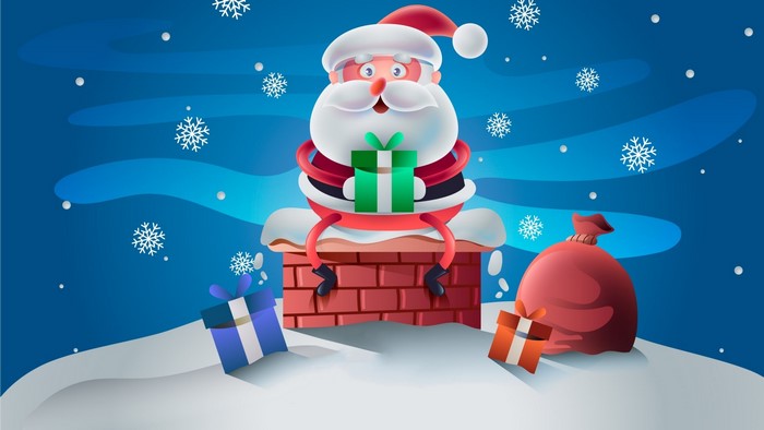 Santa Claus on a Chimney with Gifts
