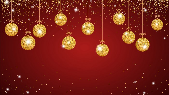 Golden Christmas Ornaments on Red Background