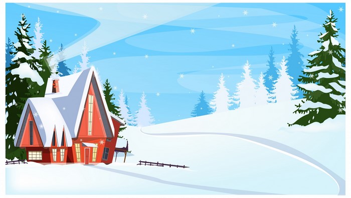 4K Winter Scene with Snow-Covered Cabin and Trees