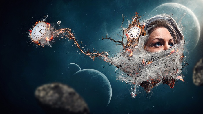 Woman's face emerging from debris with clocks in space