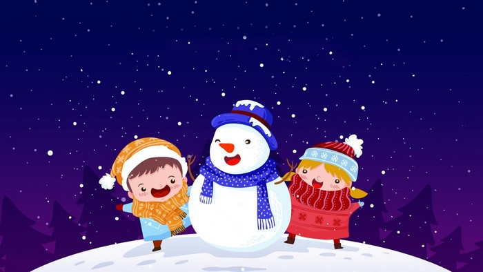 Children building a snowman at night