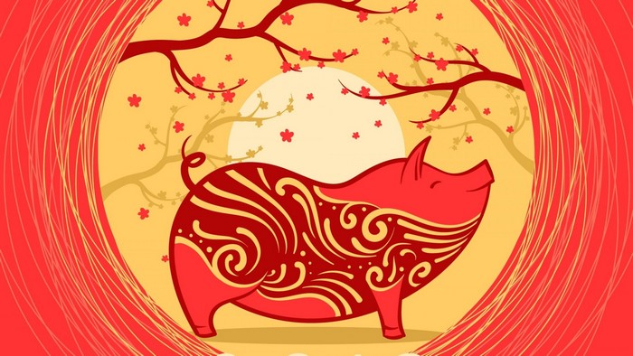 Red Pig with Cherry Blossoms for New Year