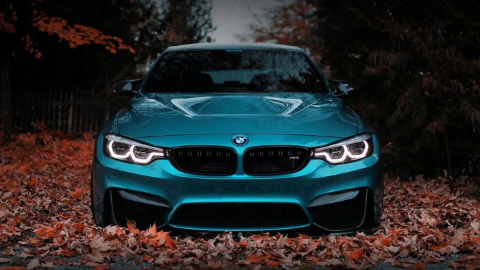 Blue BMW M3 in Autumn Leaves