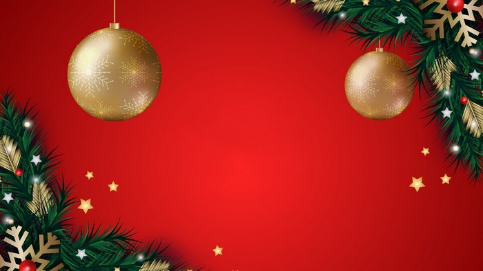 Christmas Ornaments and Pine Branches on Red Background