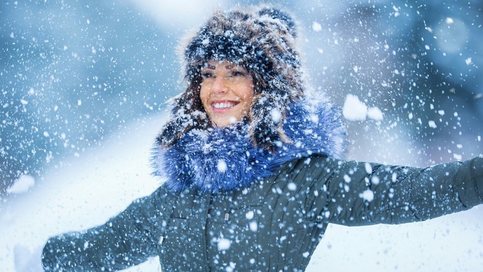 Woman in Fur Hat and Winter Coat in Snow