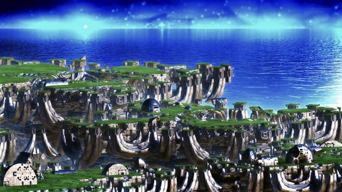 Alien landscape with floating islands and ocean