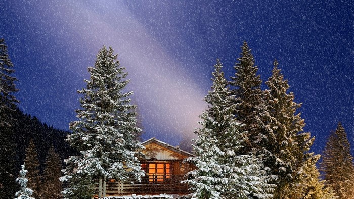 Winter cabin in snowy forest at night