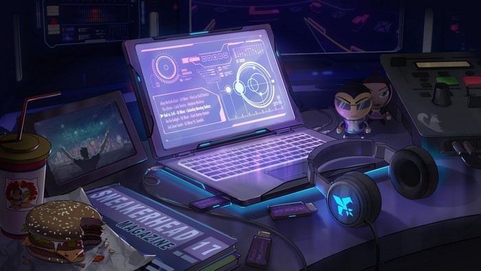 DJ setup with laptop, headphones, and food