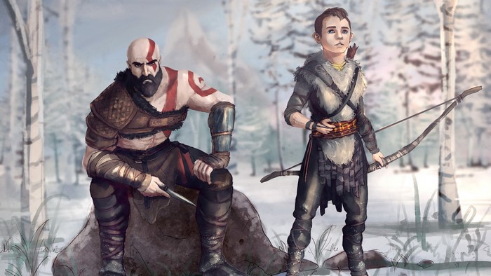 4K God of War: Kratos and Atreus in Winter