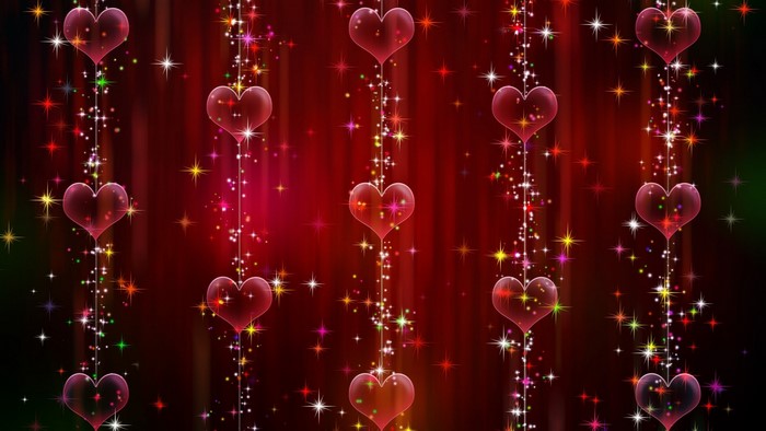 Sparkling Hearts and Stars on Red Background