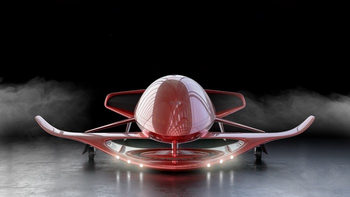 Red futuristic drone with lights and smoke