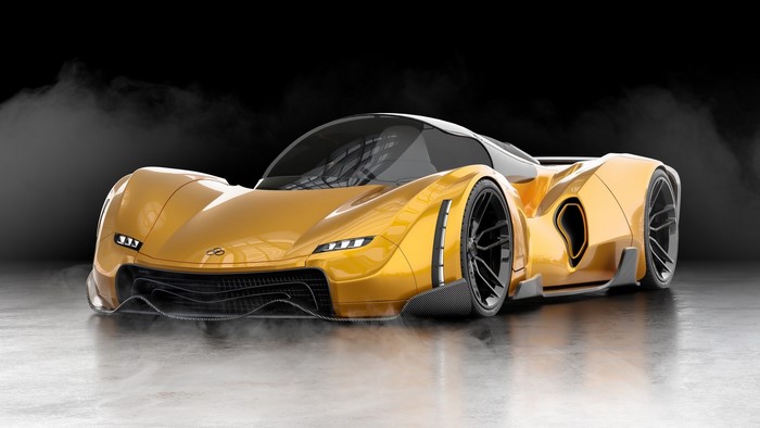 Golden futuristic concept car with smoke