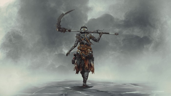Warrior with scythe in a smoky landscape