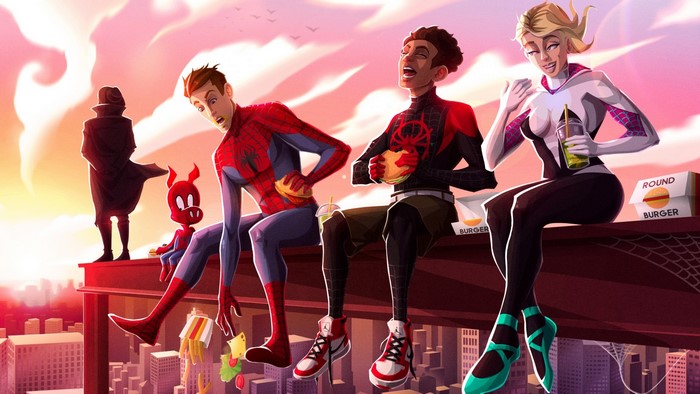 Spider-Man characters eating burgers on a rooftop