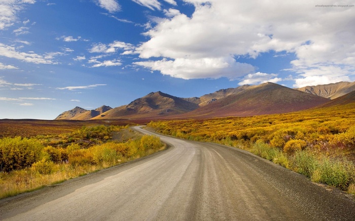 Dirt road through autumn tundra with mountains