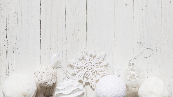 4K New Year Ornaments on White Wood