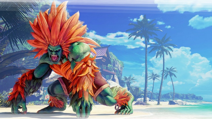Blanka from Street Fighter V on a tropical beach