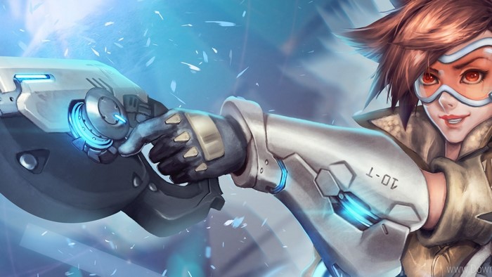 Tracer from Overwatch holding her Pulse Pistols