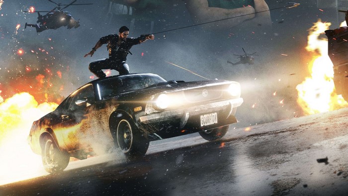 Rico Rodriguez from Just Cause 4 on a car
