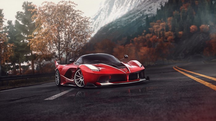 Red Ferrari LaFerrari on a Wet Road