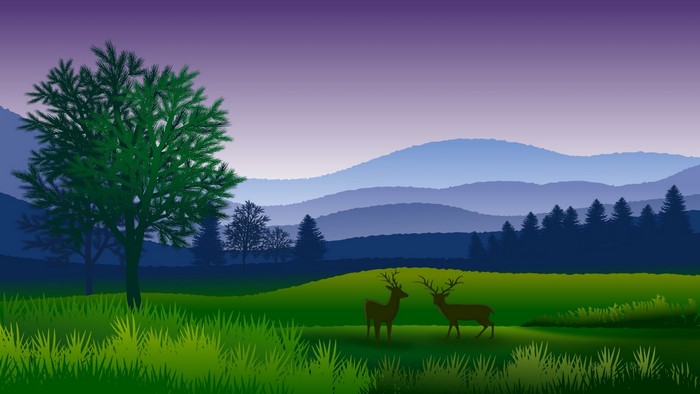Deer in a mountainous landscape at dusk