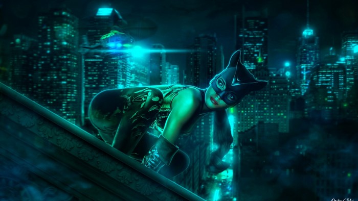 Catwoman on a rooftop in Gotham City