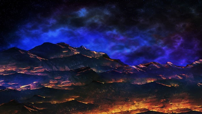 Fiery mountains under a starry, nebulae-filled sky