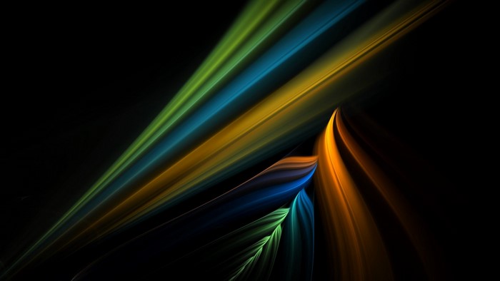 Abstract light beams in green, blue, and orange