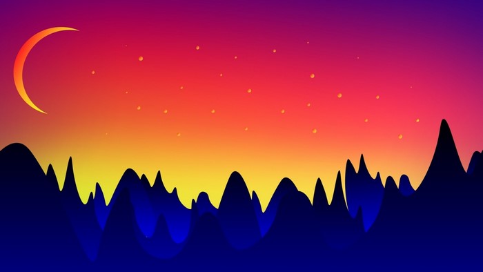 Crescent moon over a stylized mountain range at sunset