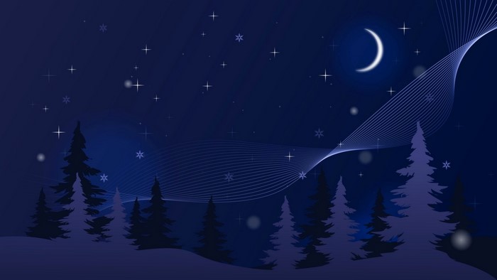 Winter Night Sky with Crescent Moon and Pine Trees