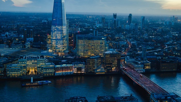 London skyline with The Shard and River Thames at dusk
