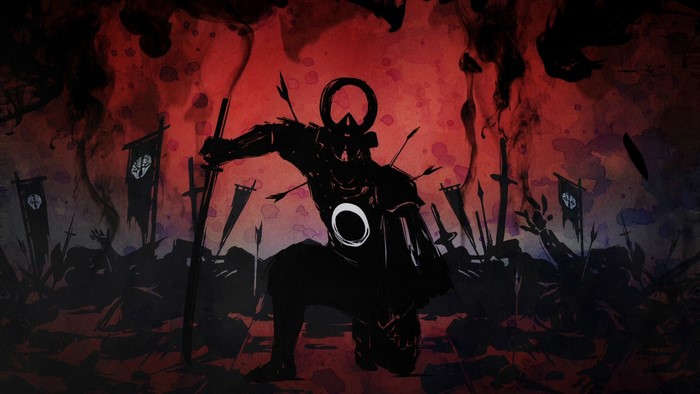 Samurai warrior with arrows in armor on battlefield