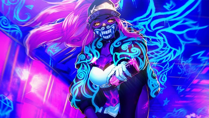 Akali from League of Legends with neon graffiti