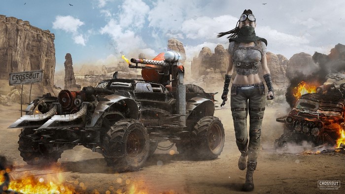 Woman and vehicle in Crossout desert landscape