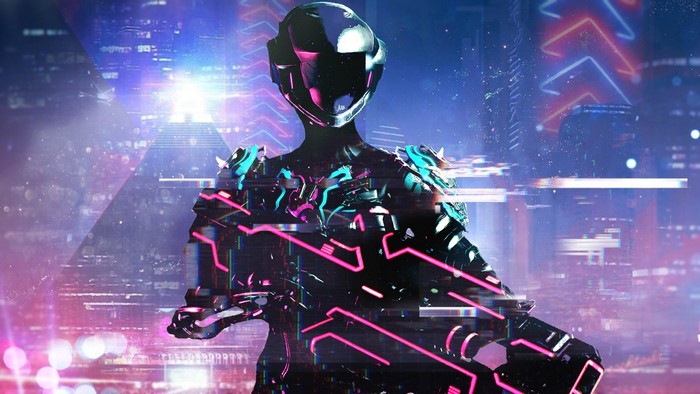 Warframe character with neon lights and city background