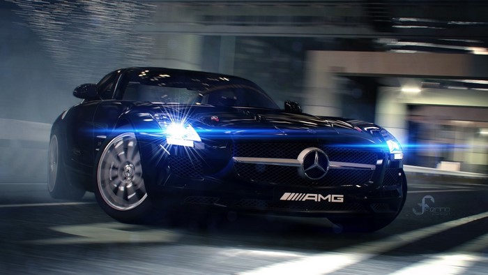 Black Mercedes-AMG SLS Driving Fast