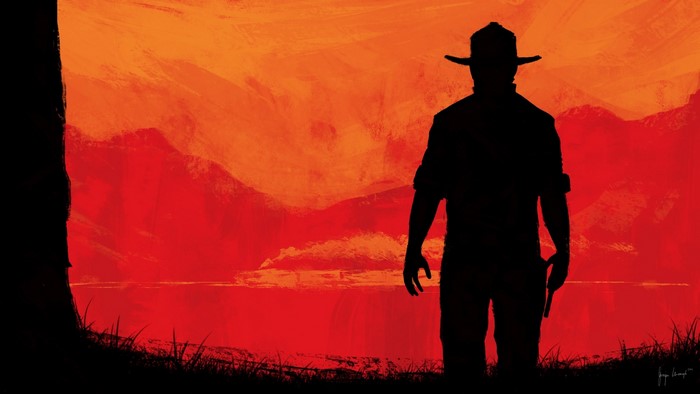 Silhouette of a man with a gun in Red Dead Redemption 2