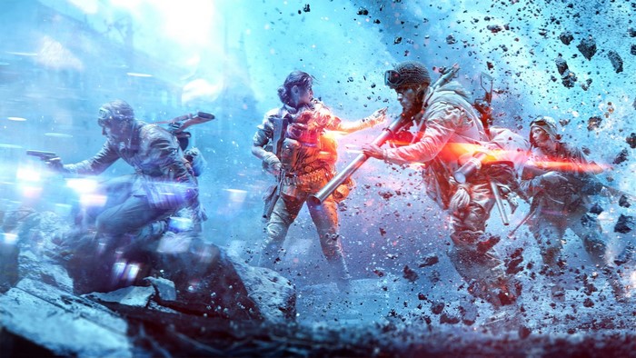 Soldiers in a chaotic battle in Battlefield V
