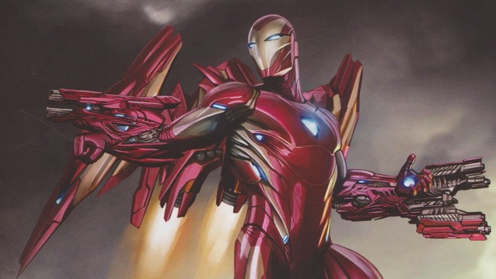 Iron Man in advanced armor with wing-like attachments