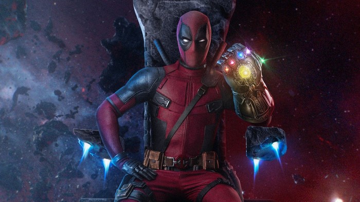 Deadpool with the Infinity Gauntlet on a throne