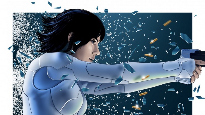Motoko Kusanagi from Ghost in the Shell firing a gun