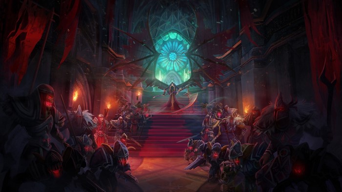 Pagan Online characters in a dark hall