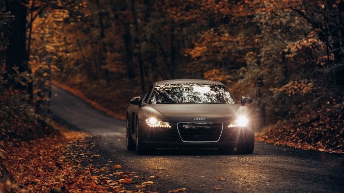Audi R8 on a road in autumn